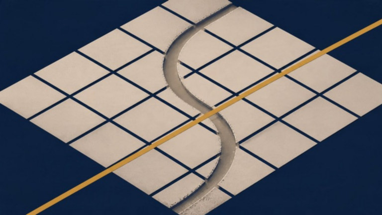 A worn groove cutting through a grid of sand squares, with a straight golden line crossing it on midnight blue.