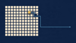One golden square lifts out of a sand-coloured grid, with a sky-blue line leading away to open space.