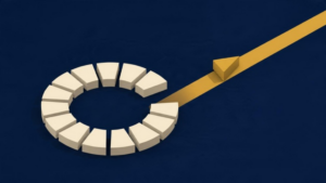 A ring of sand-coloured blocks with one golden arrow leaving the ring along a clear path, on a deep blue ground
