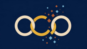Three linked rings with the middle one open, set against scattered shapes on a midnight blue ground.